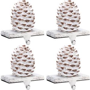 Hotop 4 Pieces Christmas Pine Cone Stocking Holder Metal Mantel Stocking Hanging Hook Xmas Pine Cone Stocking Holder Fireplace Stocking Hanger for Fireplace Mantel Christmas Decor ()
