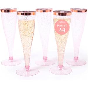 Prestee Set of 24 Plastic Champagne Flutes Disposable - Silver Glitter Pink Champagne Glasses with Rose Gold Rim, Elegant Toasting Cups for Weddings, Cocktail Parties, New Year's Celebrations, Pack of 4 (24 Count - Pack of 1), Rose Gold Rim/Glitter)