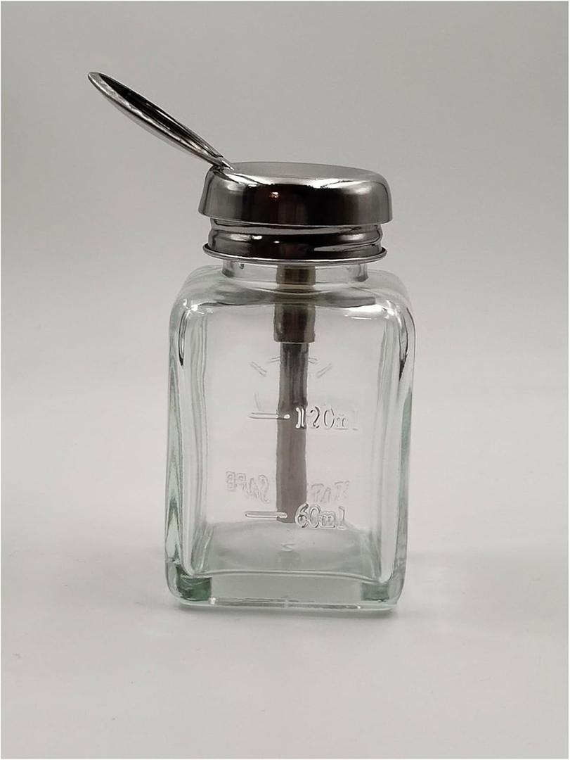 4 Oz/ 120 ml Glass Pump Dispenser Bottle for Nail Polish Makeup Remover Alcohol Clear Empty Refillable Push Down Press Container with Metal Core, Flip, 1 Pack