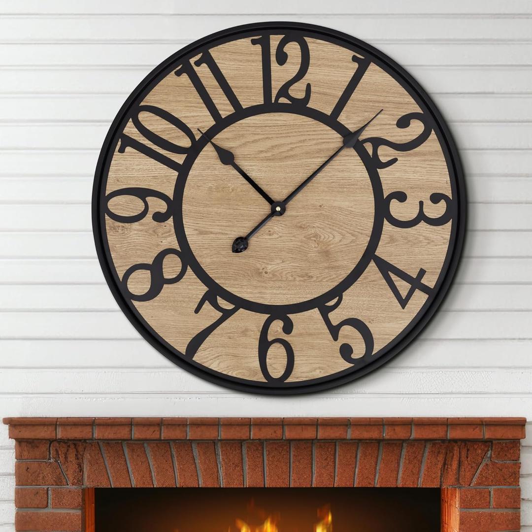 Maxstar Wall Clock for Living Room, Metal & Wood Silent Rustic Farmhouse with Arabic Numeral, Battery Operated Wall Clocks Decorative for Bedroom Office Home Decor 13inch Black