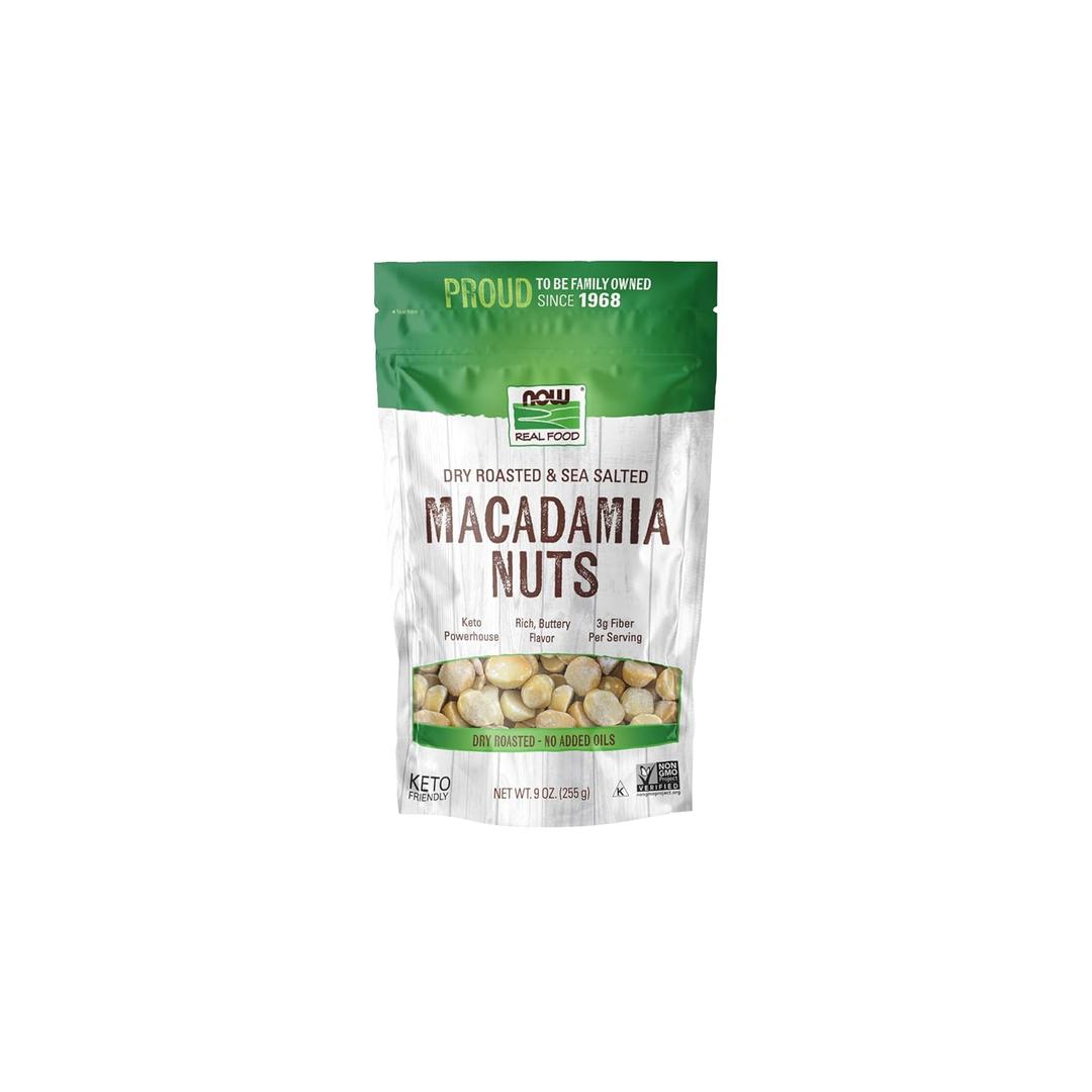 NOW Foods, Macadamia Nuts, Dry Roasted with Sea Salt, Source of Fiber, Gluten-Free and Certified Non-GMO, 9-Ounce (Packaging May Vary) (EXP 07/01/26)