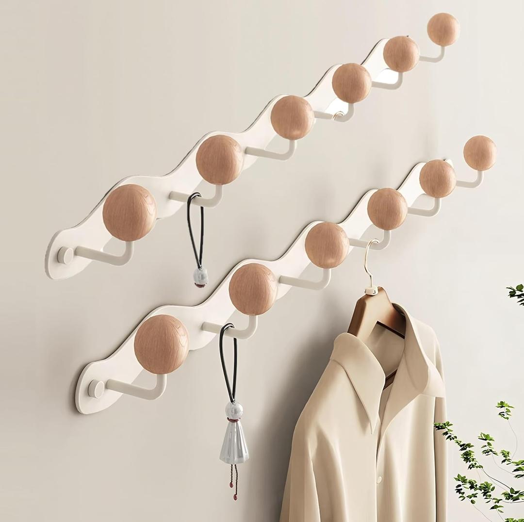Coat Rack Wall Mount,White Wall Hooks Adhesive & Screw in,Anti-Tear Wooden Ball Hook Rail, Heavy Duty Metal Coat Hanger Wall Mount for Entryway, Bathroom, Bedroom, Kitchen 2PACK(6-tri Hooks)