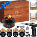 Electric Whiskey Smoker Kit with Wooden Box, 4 Wood Chips, Torch, Ice Molds, 2 Glasses, Stones, Old Fashioned Bourbon Cocktail Smoker Infuser Kit, Whiskey Gifts for Father, Men, Husband (No Butane)