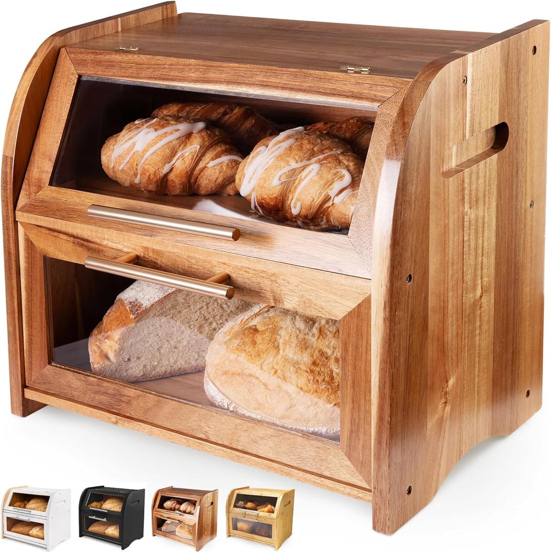 Arise Stylish Acacia Bread Box for Kitchen Countertop, Extra Large 2-Shelf Wooden Bread Storage Container with Clear Windows and Air Vents Keep Bread, Bagels and Rolls Fresh, Self Assembly Arise Stylish Acacia Bread Box for Kitchen Countertop, Extra Large 2-Shelf Wooden Bread Storage Container with Clear Windows and Air Vents Keep Bread, Bagels and Rolls Fresh, Self Assembly