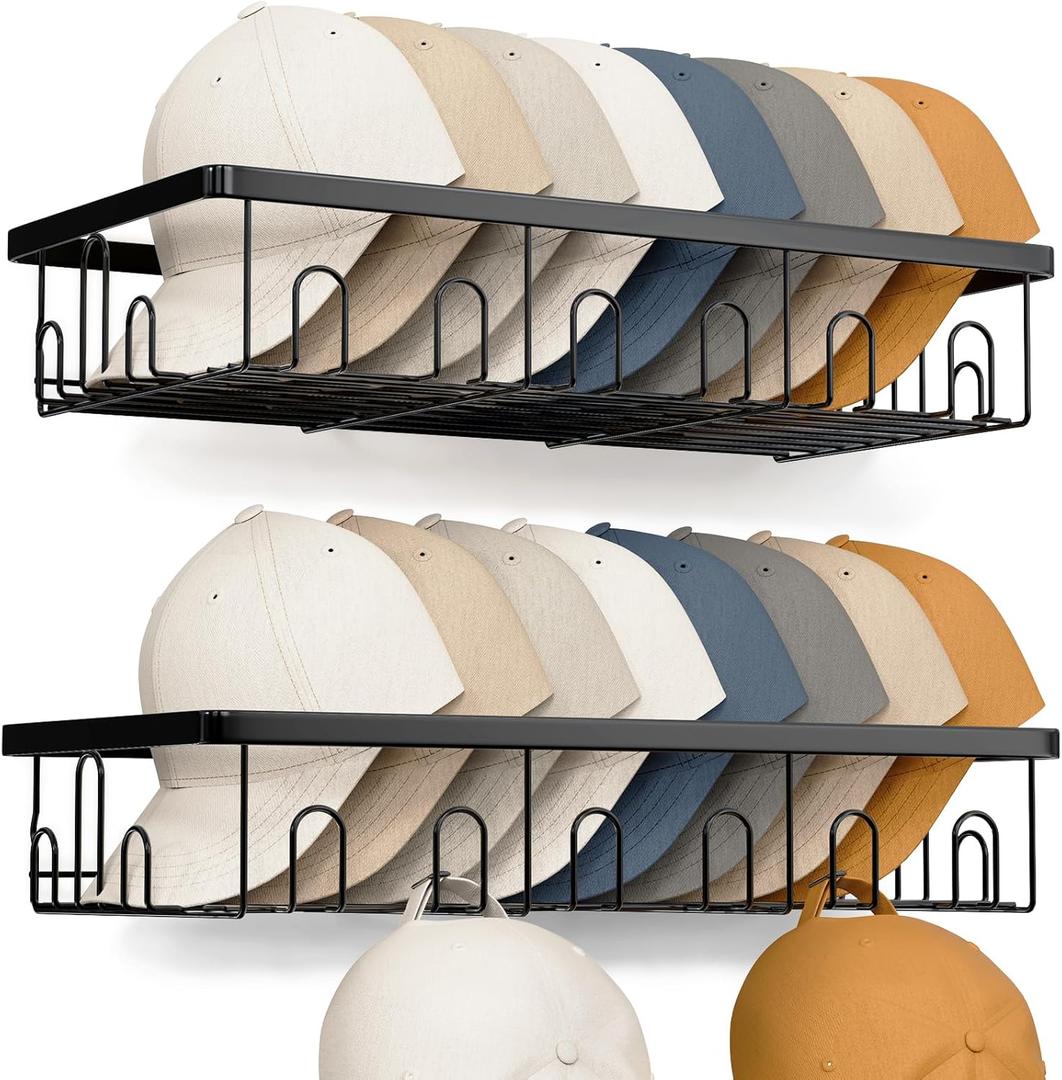Hat Rack for Wall, 2 Pack Large Hat Organizer with More Hooks, Holds 56 Caps, Metal Wall Mounted Hat Holder for Baseball Caps, Closet Bedroom Kitchen Bathroom, Black