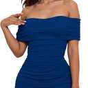Womens Off Shoulder Sleeveless Bodycon Dresses Ruched Solid Sexy Graduation Cocktail Party Mini Dresses (Blue, S)