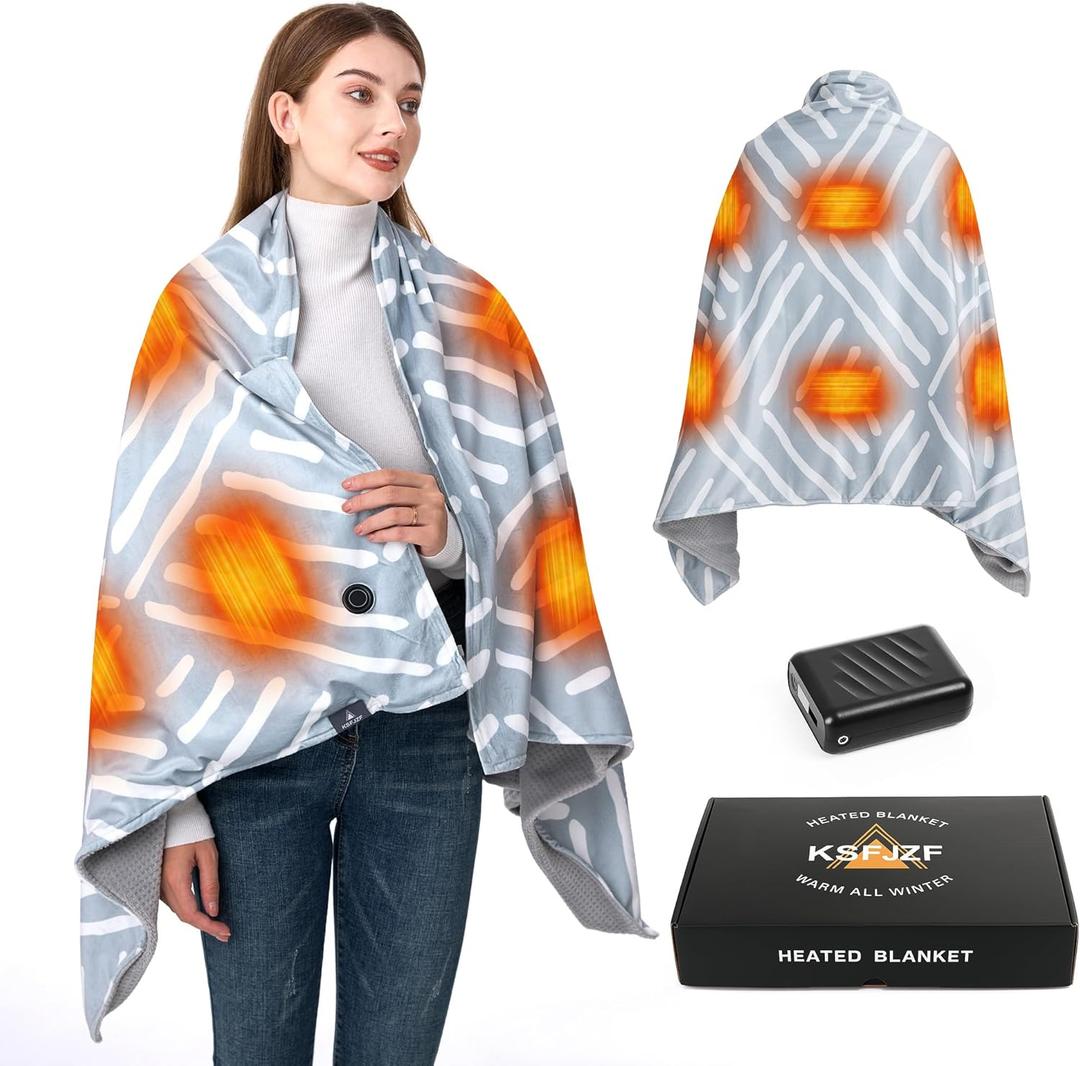 Cordless Heated Blanket with 20000mah Power Bank - 59"x35" Soft Striped Waffle Battery Heated Blanket, Fast Heating, 3 Heat Setting, Machine Washable Heated Throw Blanket Shawl