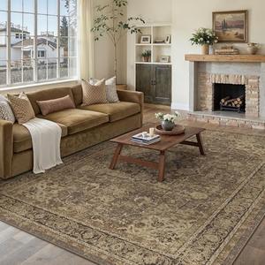 WondRg 6x9 Brown Washable Vintage Area Rug for Living Room Bedroom Soft Tranditional Non Slip Large Throw Rug Lightweight Floral Low Pile Distressed Carpet Office Playroom Dining Laundry Room