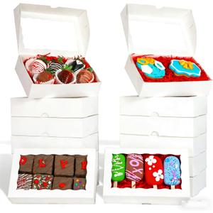 100PCS 8x5x2 Inch Bakery Boxes with Window, Perfect for Cookies, Chocolate Covered Strawberries, Macaron & More, Simple Style (White)