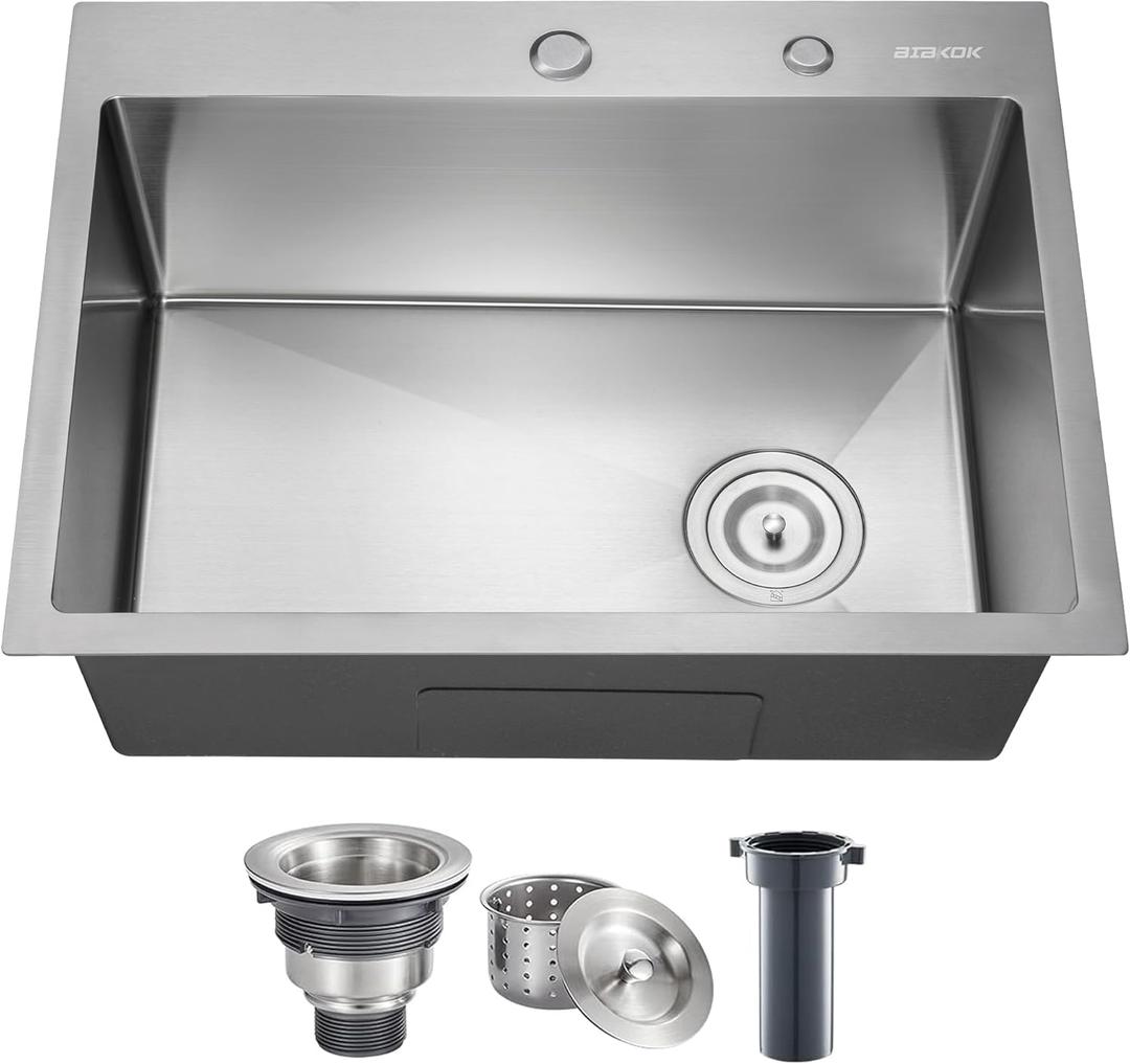 BIBKOK Kitchen Sink 24x18 Topmount Single Bowl Dropin Sinks 304 Stainless Steel Handmade Home Bar Outdoor RV Sinks Brushed
