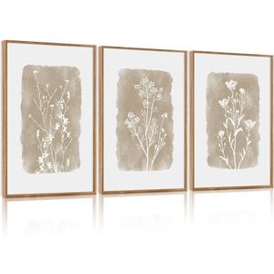 CHDITB Vintage Floral Framed Canvas Wall Art Set Of 3, Minimalist Wall Decor, Nature Inspired Wildflower Wall Painting, Neutral Botanical Flower Art Prints For Dining Room Bedroom Decor(12X16 Inch)