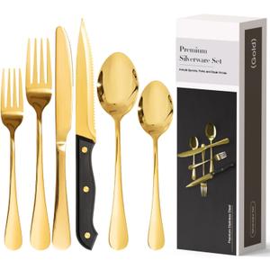 Astercook 49-Pieces Gold Silverware Set with Steak Knives, Tableware Set for 8 - Great Food-Grade Stainless Steel Gold Flatware Set, Mirror-Polished Dining Utensil Set Perfect for Home & Restaurant