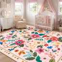 RELEANY Floral Nursery 9x12 Area Rugs Washable Print Boho Cute Carpet Non Slip Flower Low Pile for Living Room Kids Girls Playroom Bedroom Kitchen Office Farmhouse-Pink