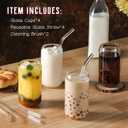 NETANY Drinking Glasses with Glass Straw 4pcs Set - 16oz Highball Glass Cups, Beer Glasses, Iced Coffee Glasses, Cute Tumbler Cup, Ideal for Whiskey, Soda, Tea, Water, Gift, 2 Brushes