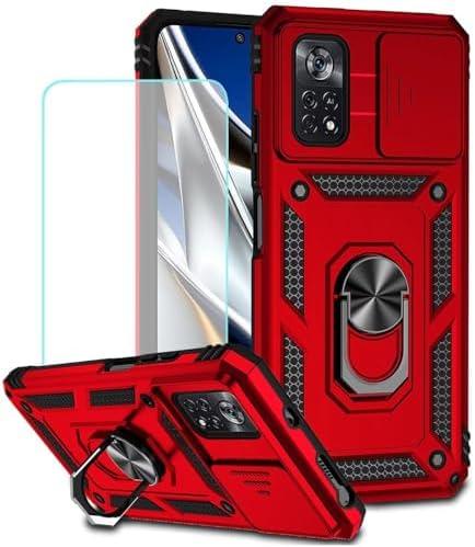 Vokuha Case for Xiaomi Poco X4 NFC Case with Tempered Glass Screen Protector and Slide Camera Cover, 360° Rotate Ring Stand Magnetic Cover for Xiaomi Poco X4 NFC Red