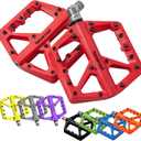 MTB Pedals Large Mountain Bike Pedals, Lightweight Nylon Fiber Composite Bicycle Platform Pedals, Grippy Pedals w 18 Pins, Cr-Mo Spindle fit w 2 Bearings, Clipless Pedals for BMX MTB Bike 9/16" (Red)