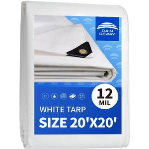 RAINDEWAY 12 Mil Heavy Duty White Tarp 20x20 Feet, UV Resistant, Waterproof, Weatherproof Poly Tarp with Metal Grommets and Reinforced Edges RAINDEWAY 12 Mil Heavy Duty White Tarp 20x20 Feet, UV Resistant, Waterproof, Weatherproof Poly Tarp with Metal Grommets and Reinforced Edges