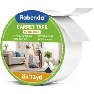 Rabenda Double Sided Carpet Tape - 2 Inch x 12 Yards Removable Rug Tape for Hardwood Floors, Tile & Laminate - No Residue Strong Hold Anti Slip Gripper for Area Rugs, Mats & Carpets