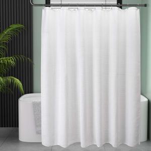 AmazerBath White Shower Curtain Fabric, Waffle Shower Curtain Polyester, Luxury Cloth Shower Curtains for Bathroom, Hotel Quality, Machine Washable, Heavy Duty, 72 x 72 Inches (Matt White)