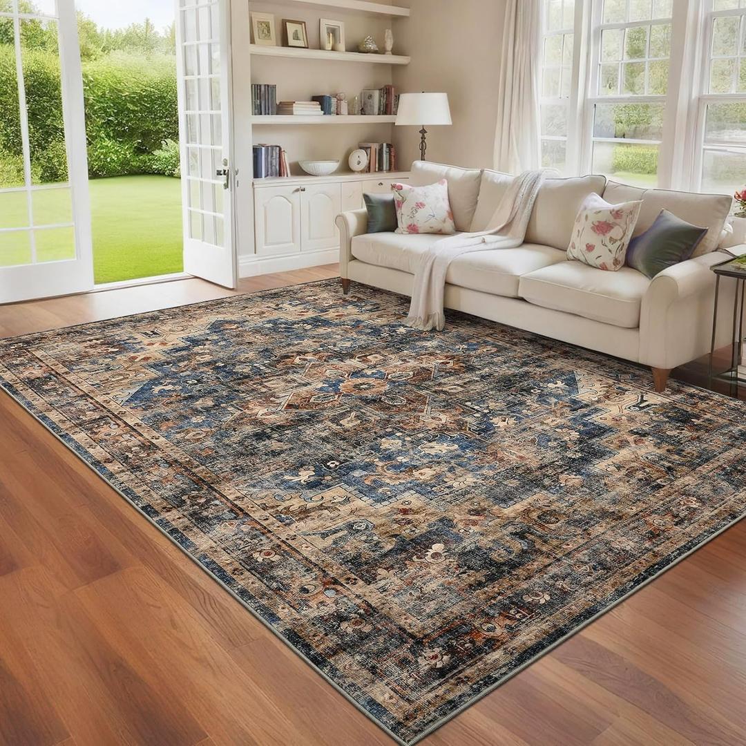 GarveeHome 5x7 Washable Vintage Living Room Area Rug: Vintage Machine Washable Area Rug for Living Room Indoor Large Non-Slip Bedroom Carpet Low Pile Stain Resistant Dining Room Carpet Blue&Brown