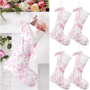 4 Pcs Pink Christmas Stocking 18 Inch Coquette Christmas Stockings Pink Floral Fireplace Hanging Decoration for Family Holiday Decorations and Xmas Gift