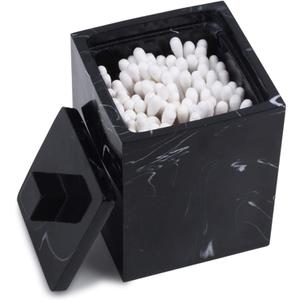JUNGFORD Qtip Holder for Bathroom with Lid  Square Cotton Swab Organizer, Cotton Ball Dispenser, Makeup Pad Container  Marble Look Resin Vanity Storage (Black)
