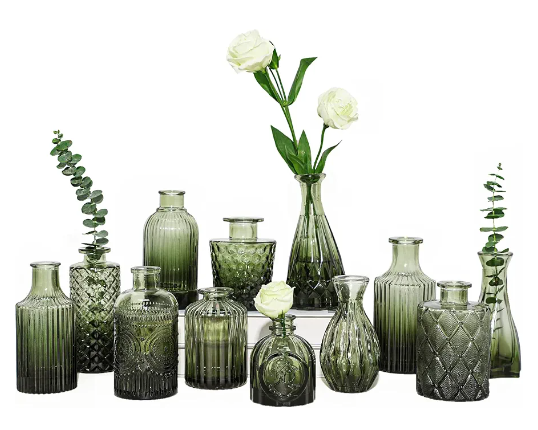 12pcs Green Glass Bud Vases Set, Small Vases for Flowers, Bud Vase for Centerpieces in Bulk, Mini Vintage Vase for Wedding Decorations, Office and Home Table Flower Décor