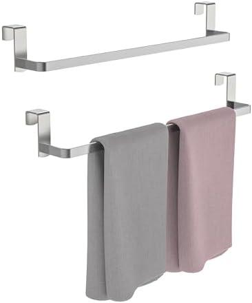 WZKALY Over Cabinet Towel Rack, 1 Pack 14 Inch Over The Door Towel Bar Towel Hanger for Kitchen, Stainless Steel Over Cabinet Cupboard Kitchen Towel Holder, Foam Protective Mats (Silver)