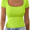 Dwnval Womens Summer Sexy Square Neck Tops Double Lined Short Sleeve Shirts Slim Fit Crop Top (2# Neon Green)