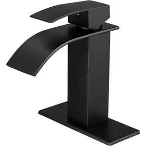 VOTON Black Bathroom Faucets Modern Waterfall Bathroom Sink Faucet Matte Black Single Handle Bathroom Faucet for 1 or 3 Holes with Deck Plate, Rv Sink Camper Farmhouse Bathroom Utility Remodel Faucet