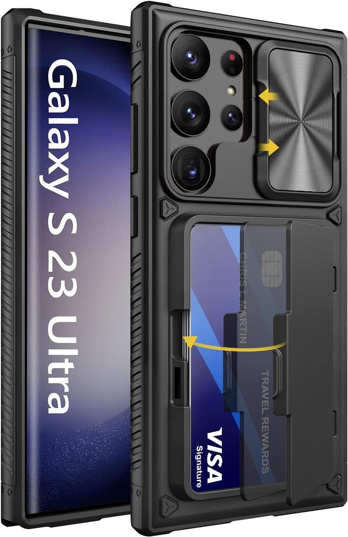 Vihibii for Samsung Galaxy S23 Ultra Case with Card Holder (4 Cards) & Sliding Camera Cover & Kickstand, Shockproof Rugged Hard Back & TPU Edge Wallet Cover for Galaxy S23 Ultra 5G 6.8" 2023, Black