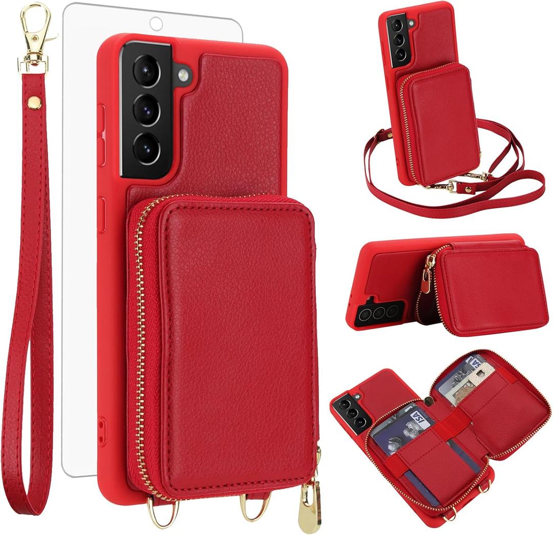 Phone Case for Samsung Galaxy S21 FE 5G Wallet Cell Cover with Tempered Glass Screen Protector Crossbody Strap Lanyard RFID Blocking Card Holder S 21 EF S21FE5G UW S21FE 21S G5 6.4 inch Women Men Red
