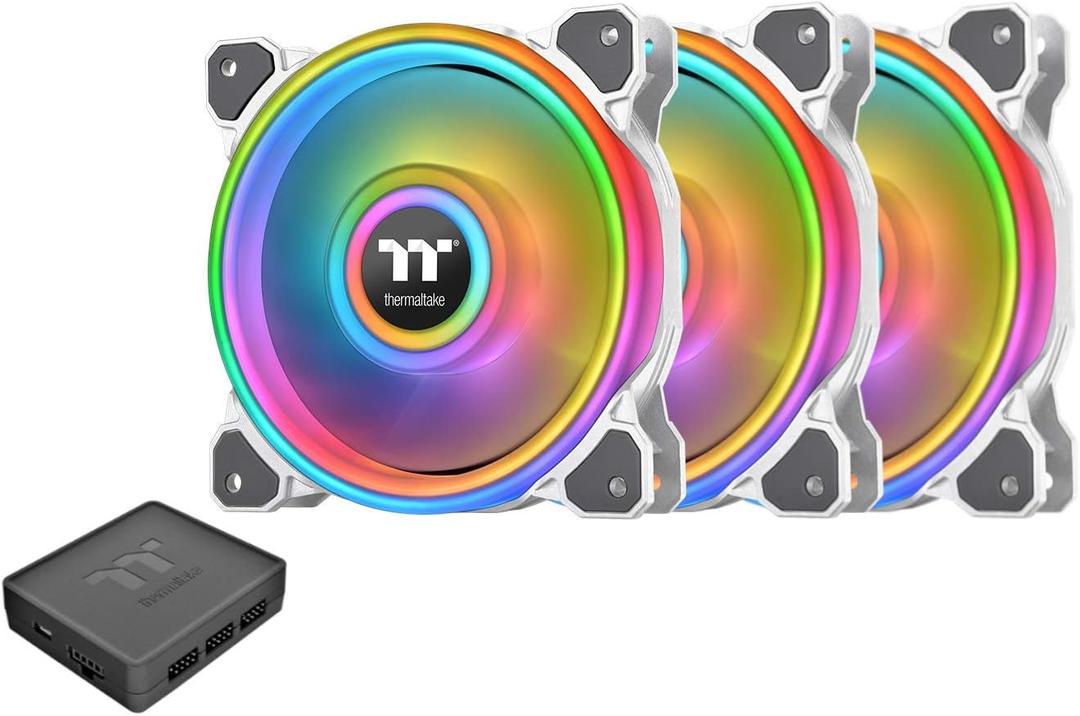 Thermaltake Riing Quad 120mm 16.8 Million RGB Color (Alexa, Razer Chroma) Software Enabled 4 Light Rings 54 Addressable LED 9 Blades Hydraulic Bearing White Case/Radiator Fan, 3 Pack, CL-F100-PL12SW-B