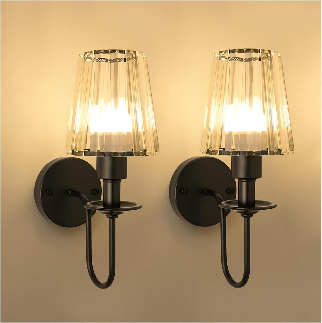 Battery Operated Wall Sconces Set of 2 5200mAh Rechargeable Crystal Glass, 15 Colors & 10-Level Dimmable, Wireless Wall Lights for Living Room & Bedroom, Black