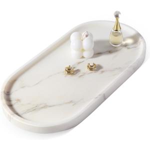 Koville White Marble Tray with Gold Pattern for Bathroom Counter, Stone Trays for Home Decor Marble Vanity Tray, Stone Storage Trays for Perfume, Jewelry, Decorative Tray for Dresser Organizer