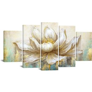 KREATIVE ARTS Large 5 Pieces Lotus Flower Blooming Wall Art Canvas Print Painting Modern Peaceful Still Life Artwork Zen Golden Floral Artwork for Meditation Room Decoration 60x32 Inches