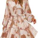 ZESICA Womens Spring Summer Floral Mini Dress Long Sleeve Button Chiffon A Line Swing Short Wedding Guest Party Dresses (Medium, Brown)