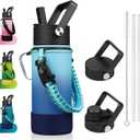 BJPKPK Water Bottle with Straw Lid, 18oz Insulated Water Bottles with 3 Lids, Paracord Handle & Non-slip Boot, Metal Stainless Steel Thermo, BPA Free Leak Proof Cups, Tumblers, Sky