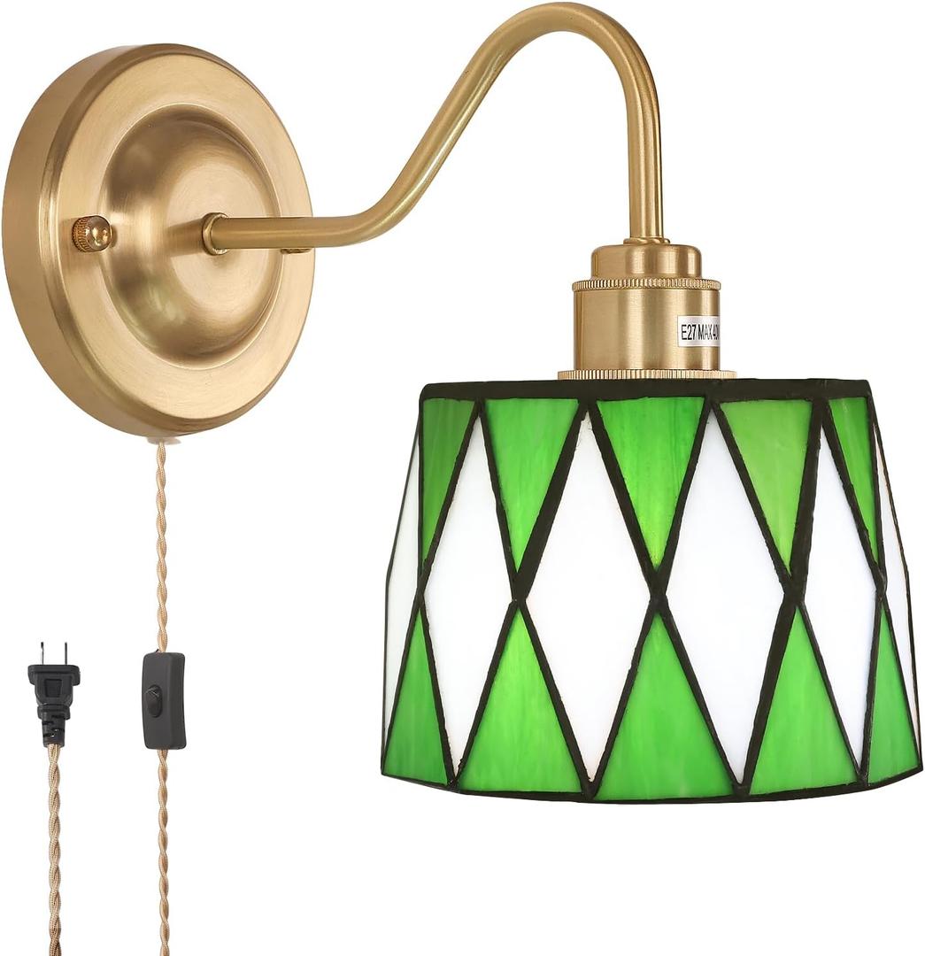Vintage Wall Sconce, Wall Mounted Lamps with Green Checker Sconce, Stained Glass Shade Gold Wall Lights Fixture with Plug in Cord and Switch for Bedroom Bathroom Living Room Hallway