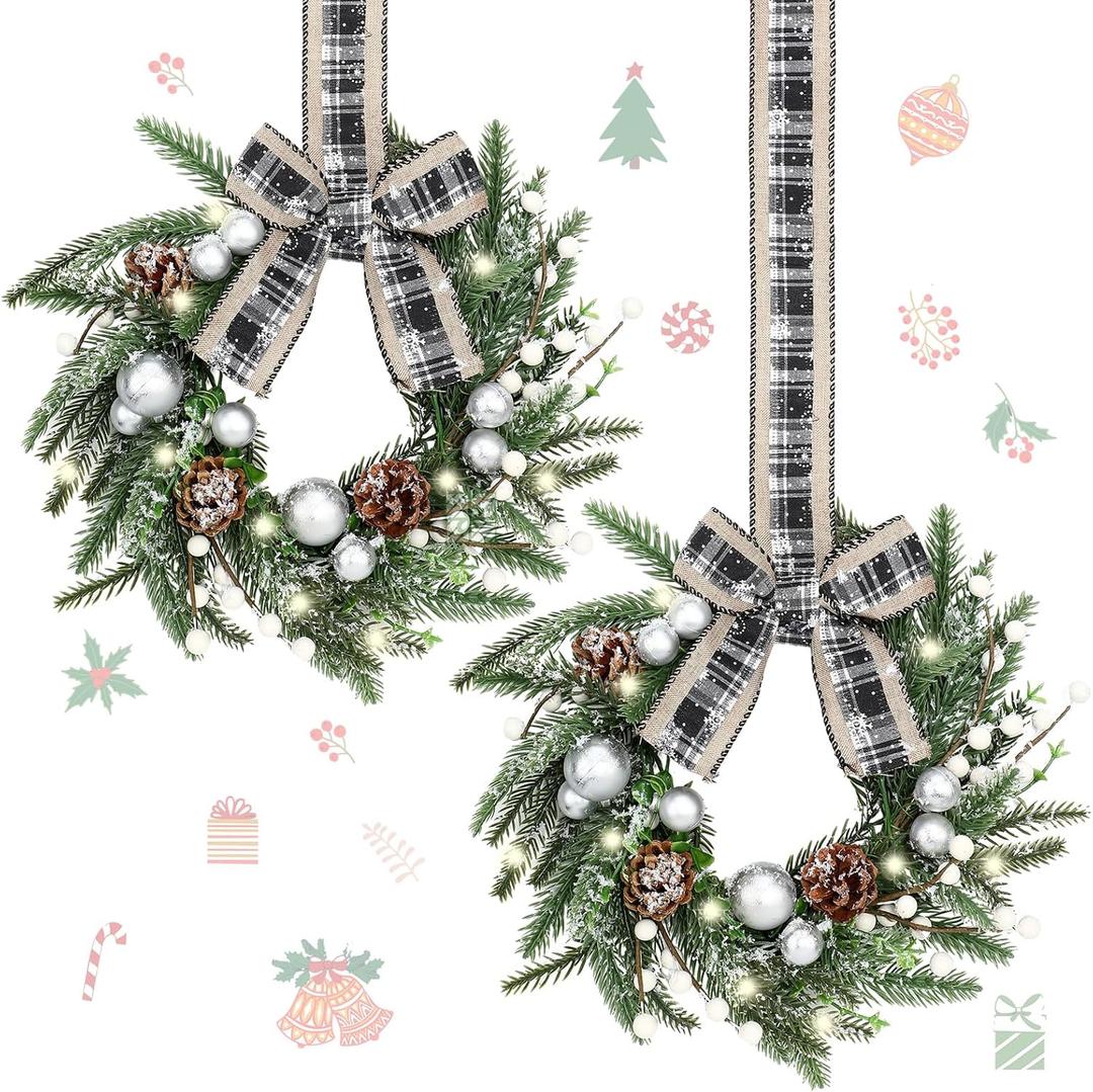 Thiccywoov 2 Pcs 9 Mini Christmas Wreath for Cabinet Front Door Christmas Green and White Artificial Ball Cone Winter Wreath for Wedding Window Home Wall Indoor Decor