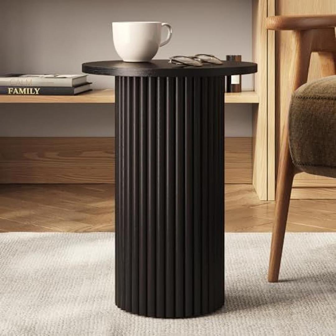 Small Round Fluted Accent Side Table - Black Wooden End Table for Modern Bedroom and Living Room - Solid Oak Base (Blackened Oak Finish)