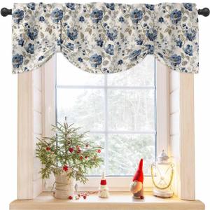 Blue Gray Spring Floral Tie Up Valance for Window, Vintage Botanical Adjustable Balloon Window Shade Valance Curtain for Kitchen Cafe Bathroom Window Treatment Panel 54''x18''