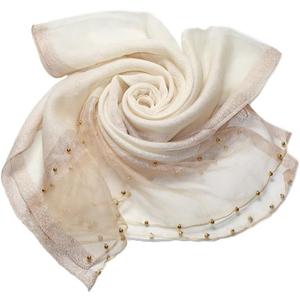 Womens Scarves Lightweight Silk Scarf Shawls and Wraps for Evening Dresses Summer Beach Wedding Shawl gifts (Beige With Pearl)