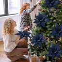 8 Pcs Velvet Christmas Glitter Poinsettia Flowers 12'' Large Heads Artificial Poinsettia Flower Ornaments Picks Christmas Tree Decoration Fake for Xmas Ornament Wedding Holiday(Dark Blue)