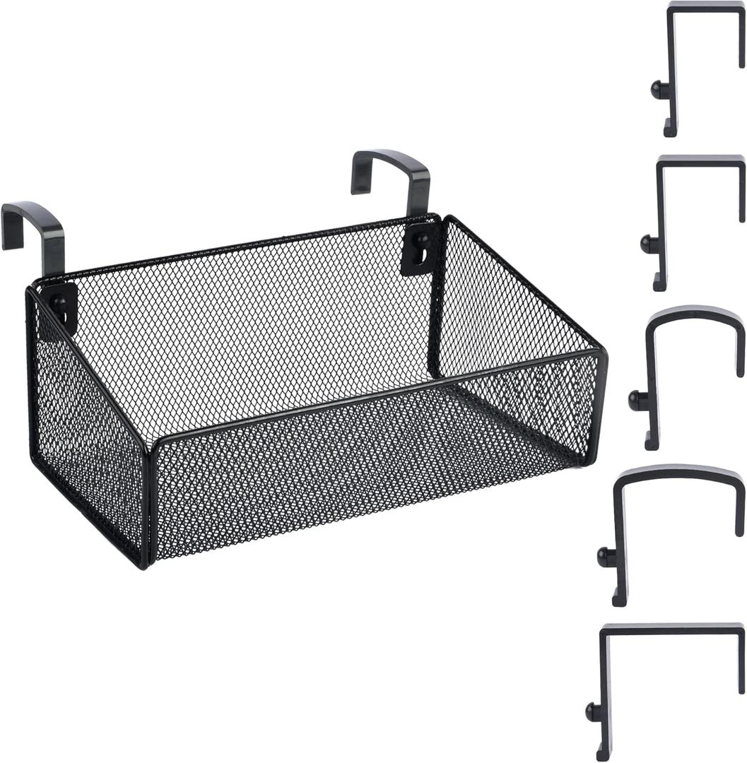 Bedside Shelf for Bed & Bunk Bed Storage Basket Office Cubical Wall Hanging Organizer - 5 Different Size Hooks - College Dorm Home Office Essentials for Phone,Book,Drink,Tissue (Black)