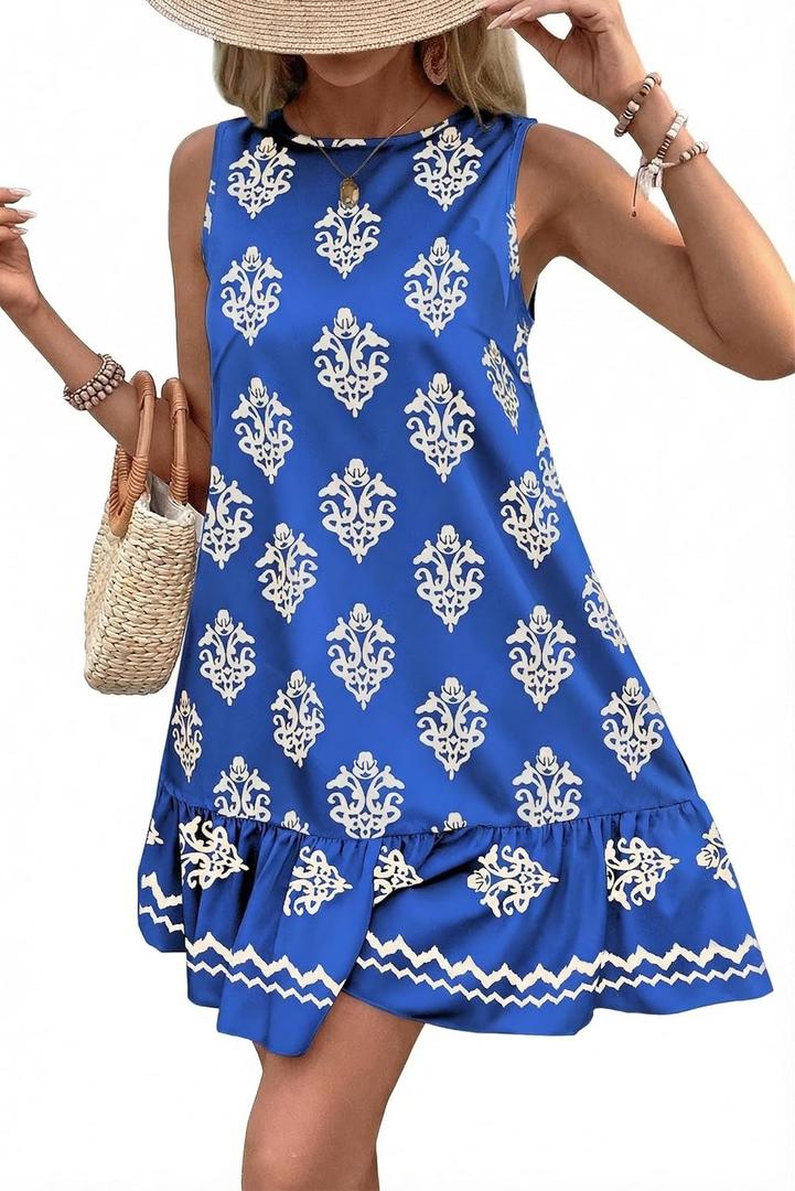 BLENCOT Womens Boho Dress Sleeveless Ruffle Mini Summer Vacation Casual Dresses (Blue, S)