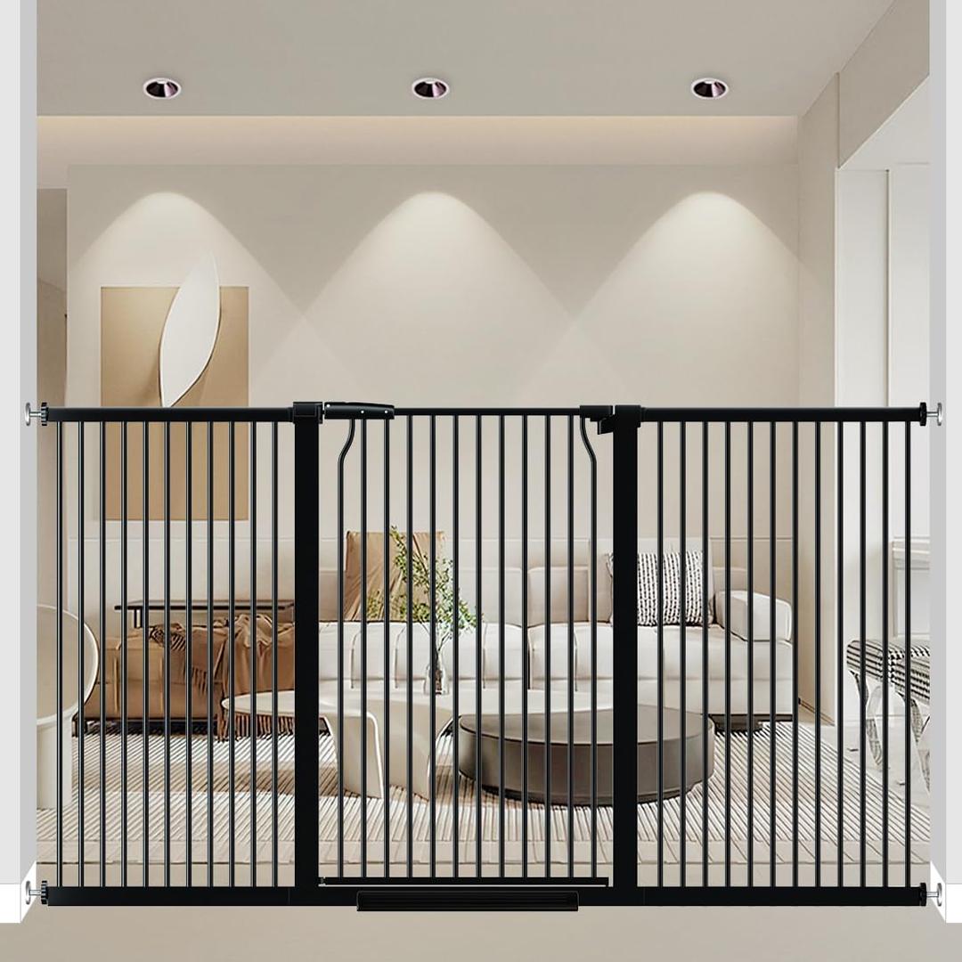 40.55" Walk Through Extra Tall Wide Baby Gates, 74.1"-76.7" Black Pressure Mounted Dog Gates