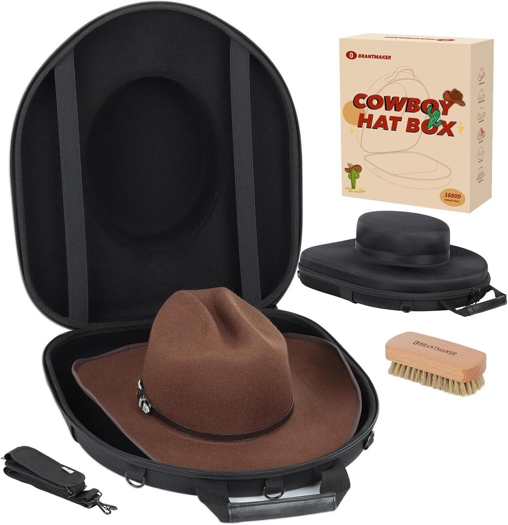 Cowboy Hat Box, Cowboy Hat Case for Travel, Crush Proof Hat Storage Carrier with Shoulder Starp & Hat Brush, for Cowboy/Fedora/Panama Hat (Internal Dimensions:16.5" x 14.1" x 5.4") (Black)