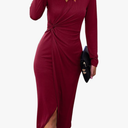 SHIBEVER Women's Long Sleeve Dress: Midi Casual V Neck Twist Waist Ribbed Knit Bodycon Slit Cocktail Party Dresses, Size XL