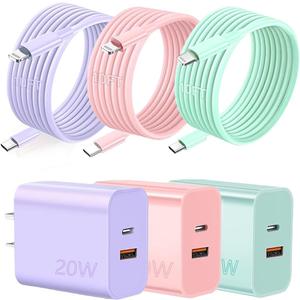 [3pcs Set] 20W Durable Dual-Port QC+PD 3.0 Fast Charger, Dual Rapid Power Adapters with 10-Foot USB-C Fast Charging Cable, Compatible with for iPhone 14/13/12/11/Pro/Pro Max/Xs/Xr/X, (3color)